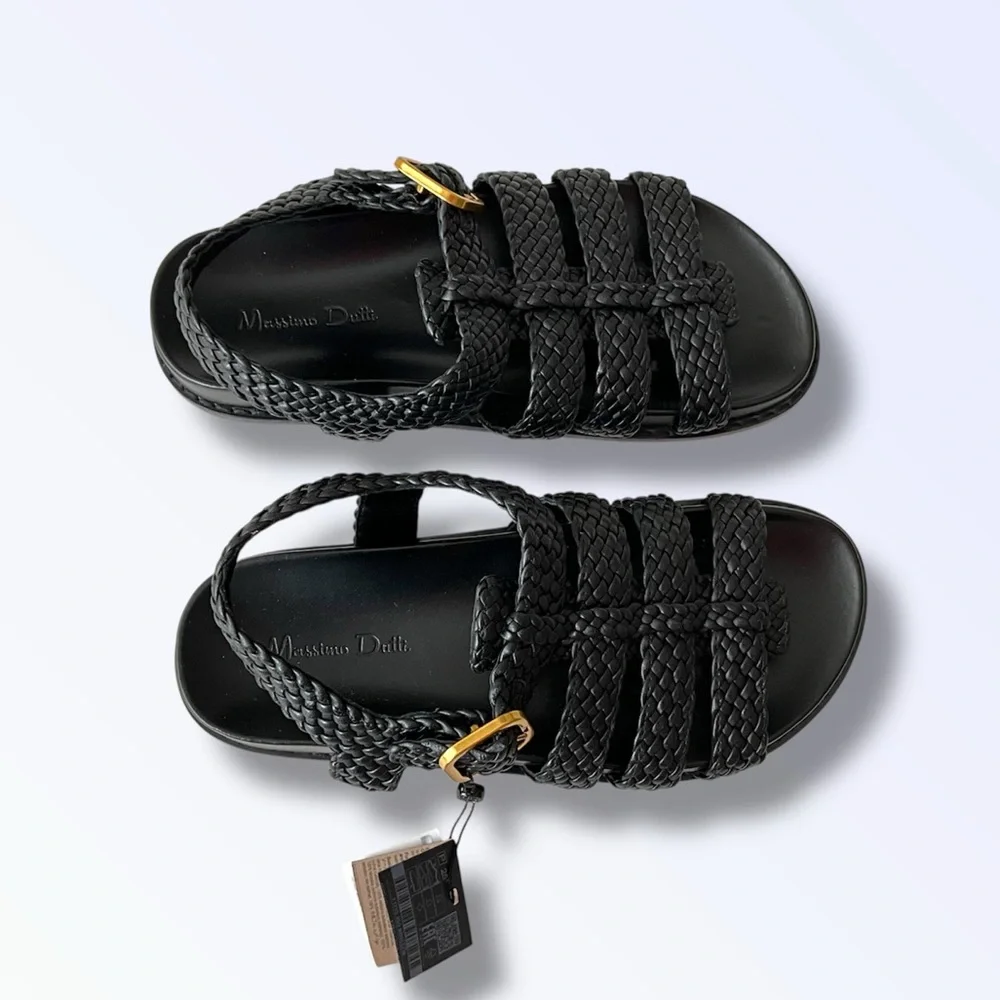 Woven Strap Black Women’s Sandals with Gold Buckle - Picture 5 of 9